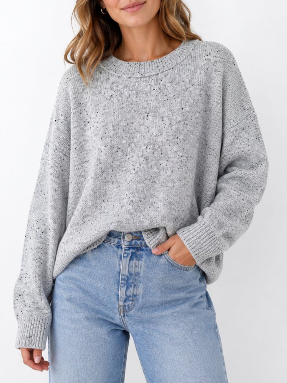 Miracle Gray Speckled Knit Oversized Sweater Crew Neck Size Small